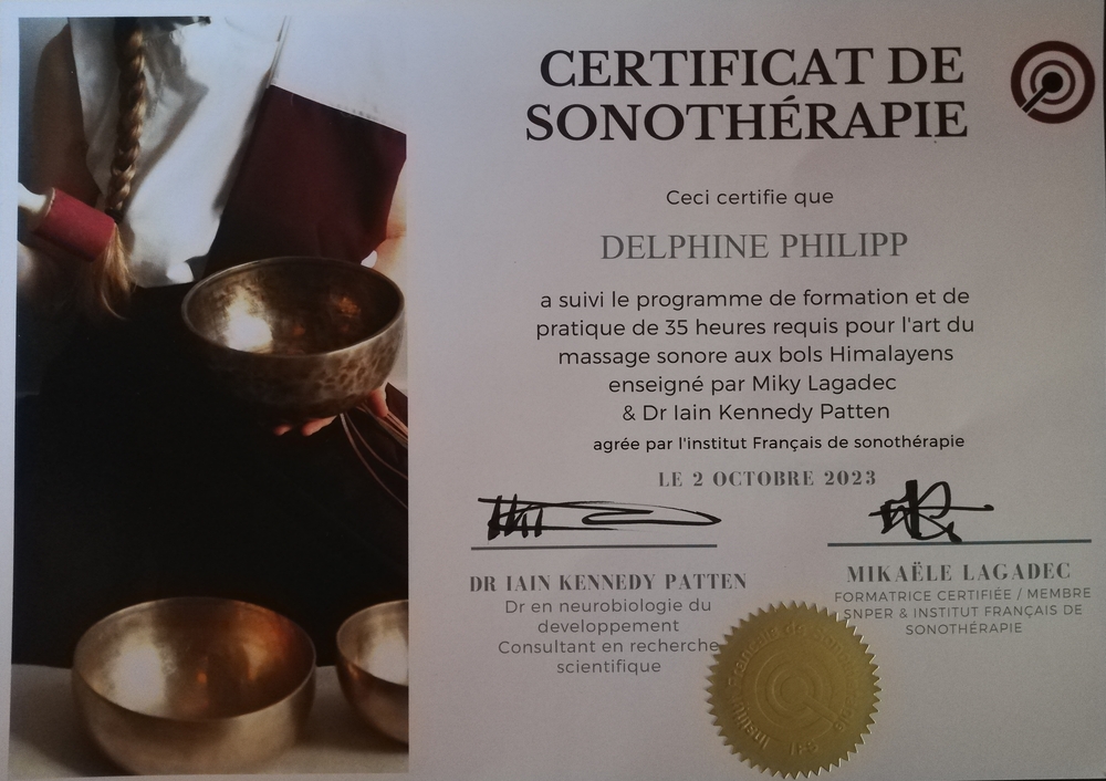 certification de sonothérapeute Institut français de sonothérapie Paris Miky Lagadec Dr Ian Kennedu Patten Emeraude Sophrologue soin énergétique Reiki bols tibétains dinard pleurtuit tremereuc