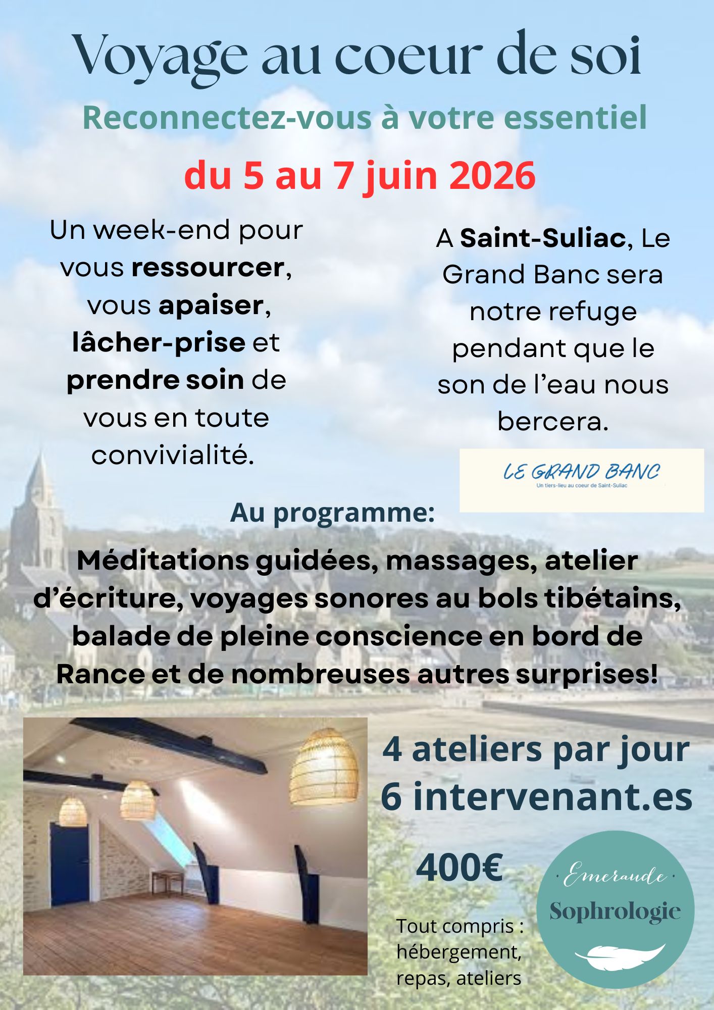 du 5 au 7 juin 2026 saint suliac week-end bien-etre Delphine Emeraude Sophrologie taden dinan saint malo